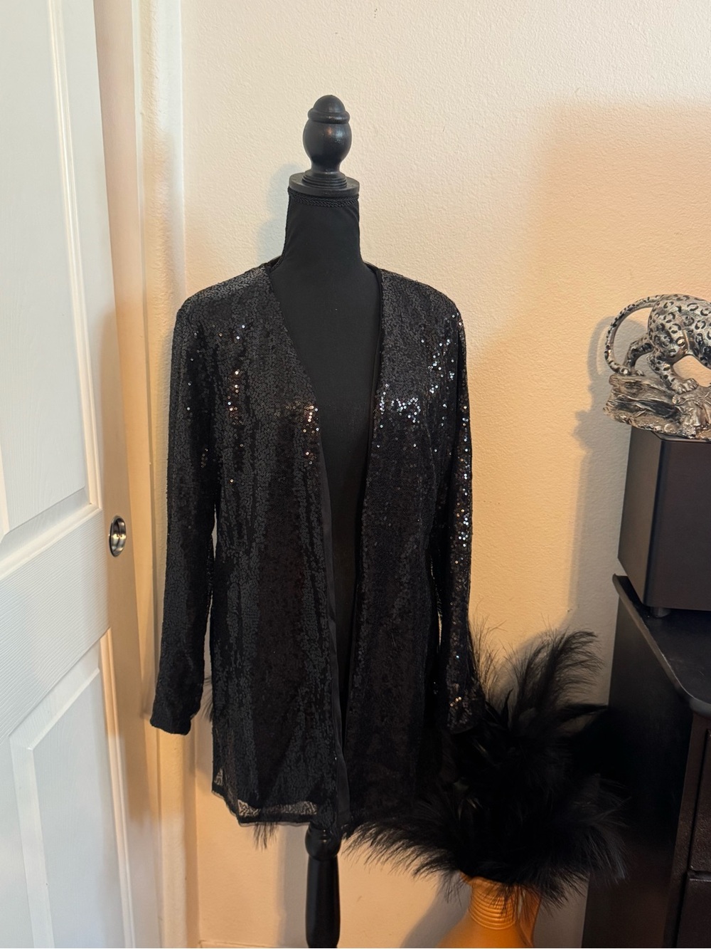 Black Sequin Open Front Duster